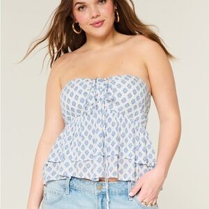 Hollister Babydoll Smocked Strapless Ruffle Peplum Top in Light Blue Print